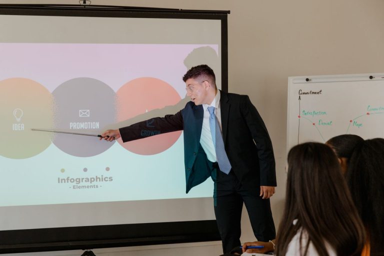 Professional giving presentation using infographic in an office meeting